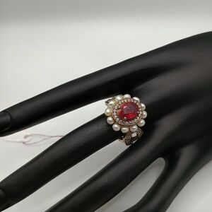 Elegant Pearl and Ruby Gemstone Ring Size 8